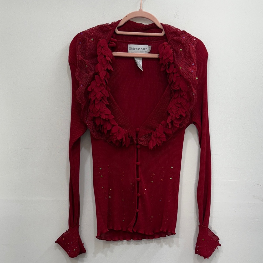 Vintage Whimsical Red Blouse with Floral Accents Valentines/Christmas